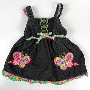 Vintage 90s Carters Baby Girls Sz 12 Months Black Chambray Denim Dress Ruffles